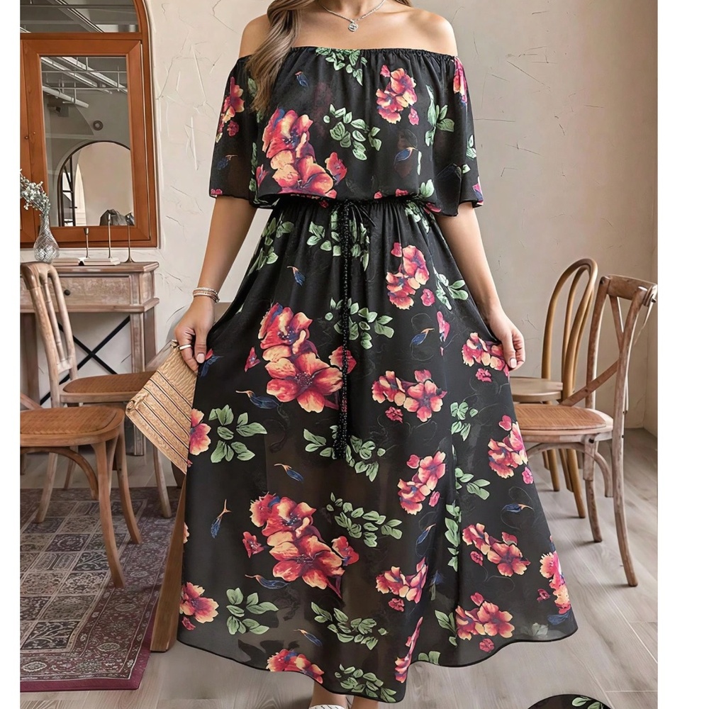 Plus Floral Print Off Shoulder Stretchy Waist Maxi Dress - Picture 5 of 5